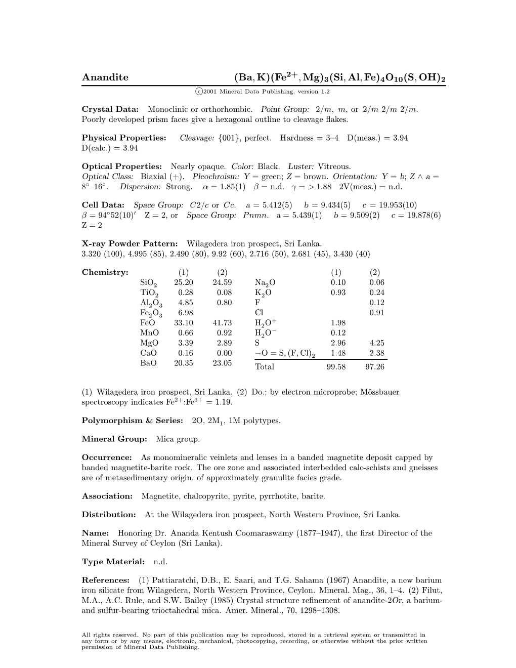 Anandite (Ba; K)(Fe ; Mg)3(Si; Al; Fe)4O10(S; OH)2 C 2001 Mineral Data Publishing, Version 1.2 ° Crystal Data: Monoclinic Or Orthorhombic