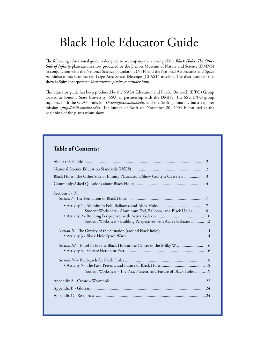 Black Hole Educator's Guide