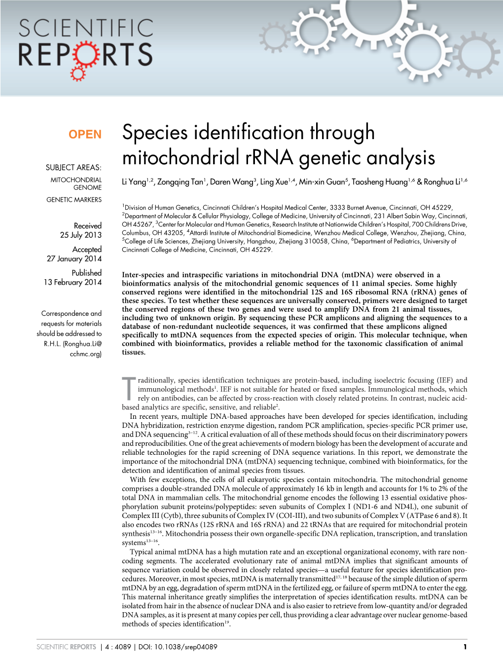 Species Identification Through Mitochondrial Rrna Genetic Analysis