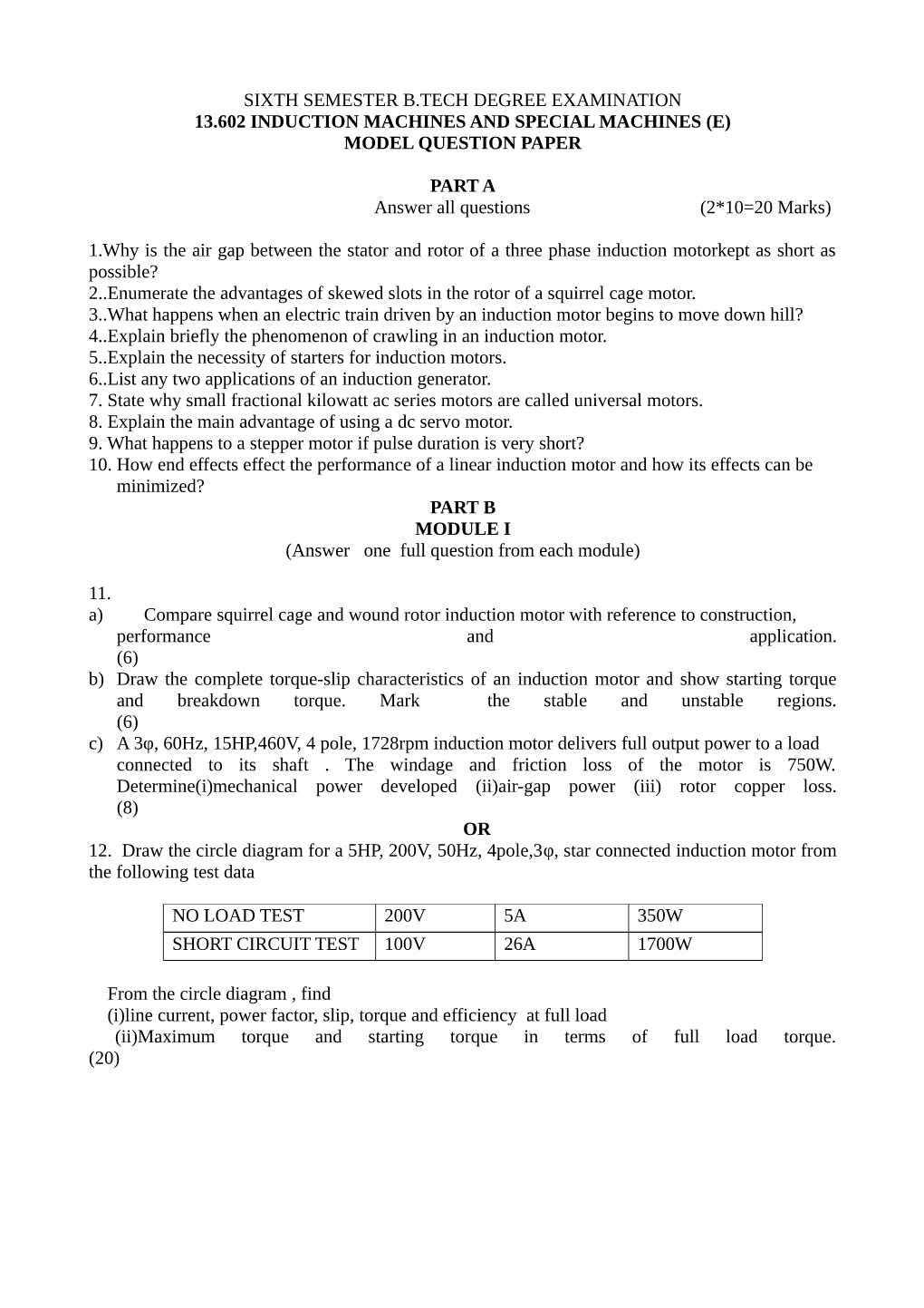 Induction Machines and Special Machines (E) Model Question Paper