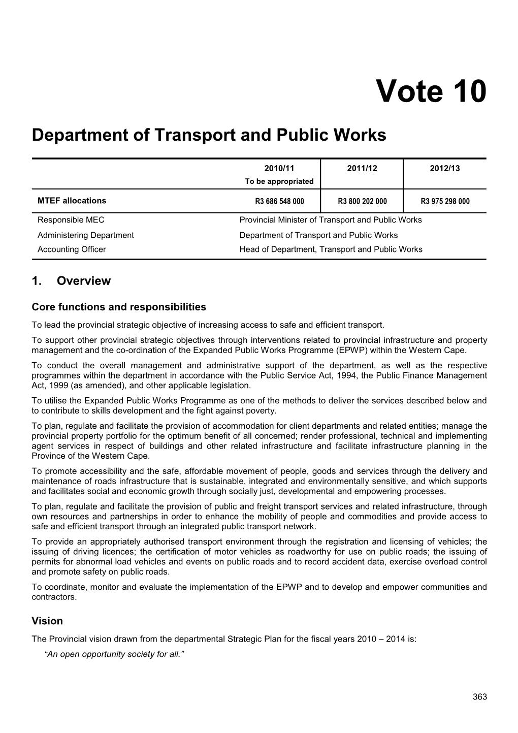 Vote 10 : Transport and Public Works