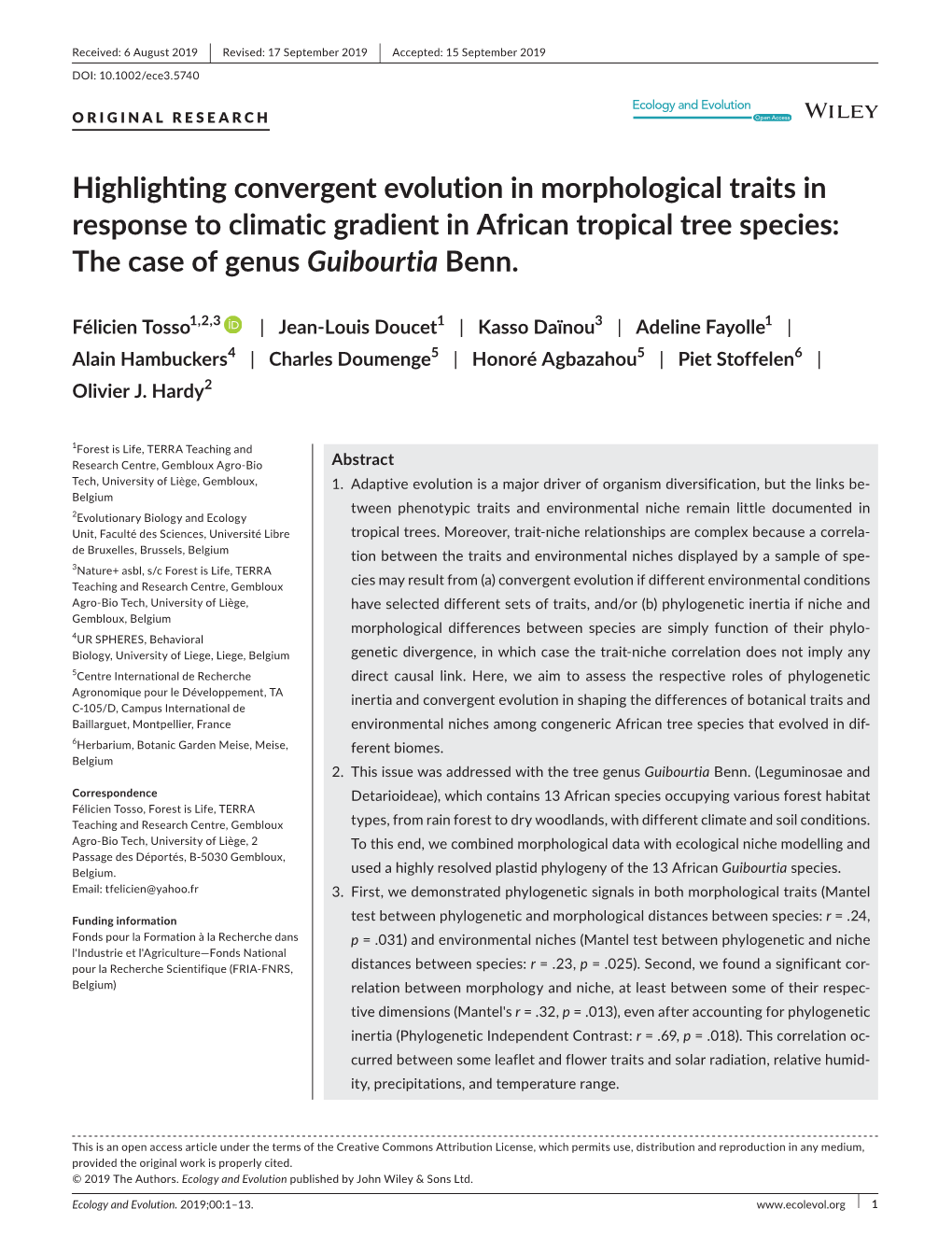 Highlighting Convergent Evolution in Morphological Traits in Response to Climatic Gradient in African Tropical Tree Species: the Case of Genus Guibourtia Benn