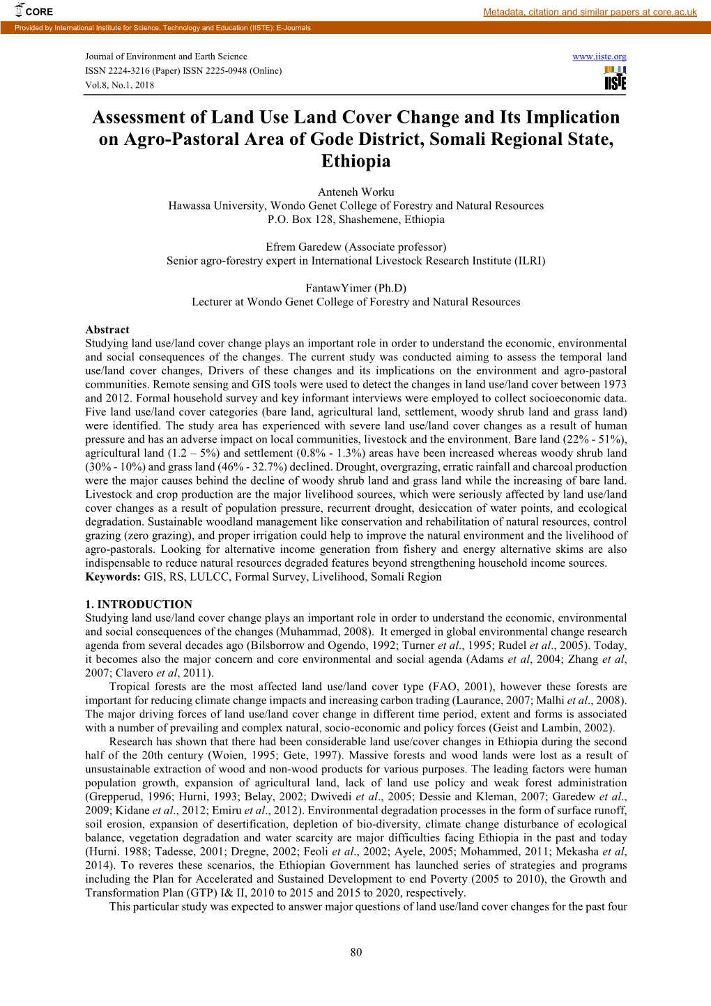 Assessment of Land Use Land Cover Change and Its Implication on Agro-Pastoral Area of Gode District, Somali Regional State, Ethiopia