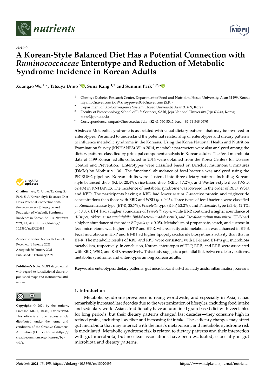 A Korean-Style Balanced Diet Has a Potential Connection with Ruminococcaceae Enterotype and Reduction of Metabolic Syndrome Incidence in Korean Adults