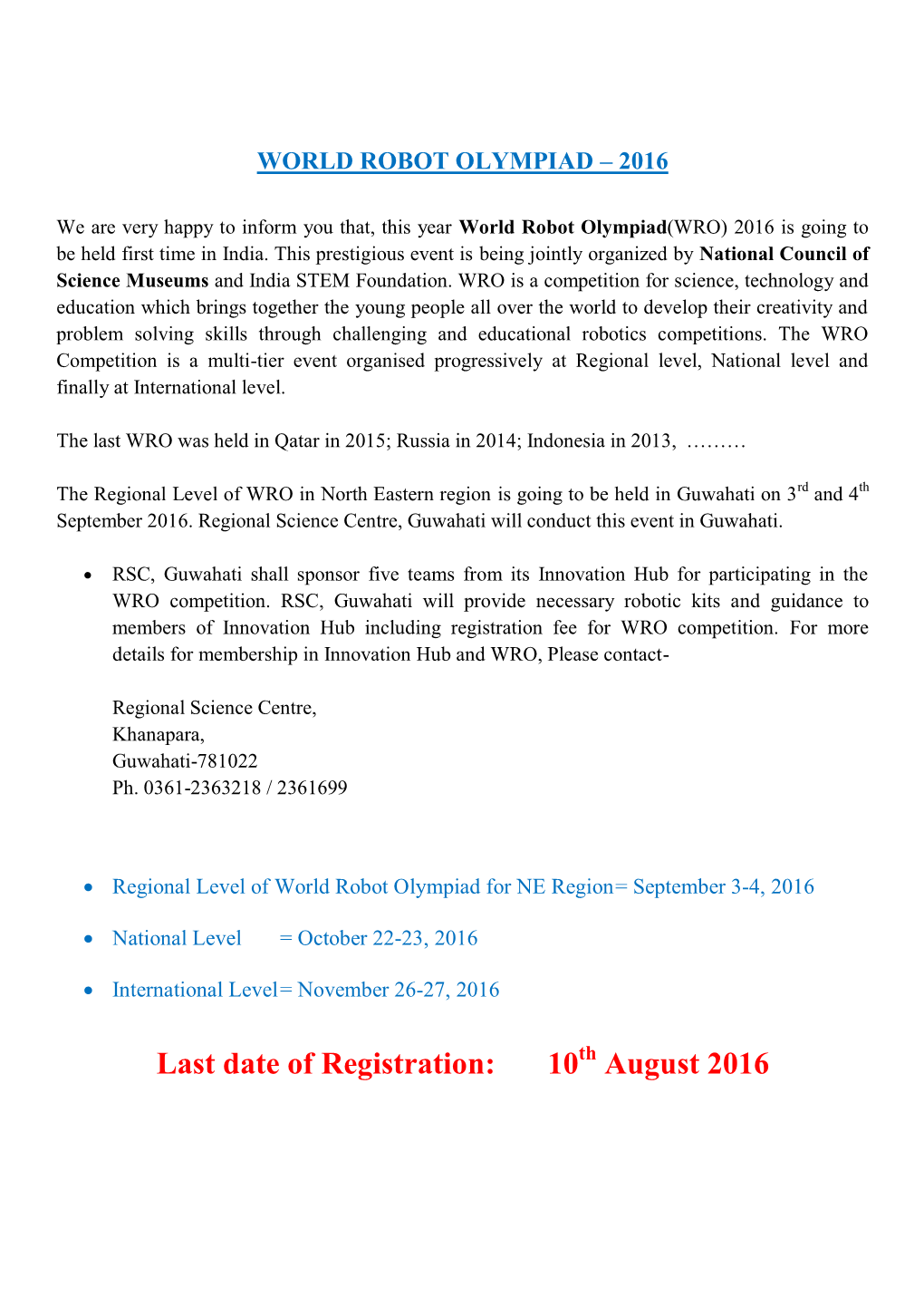 Last Date of Registration: 10Th August 2016