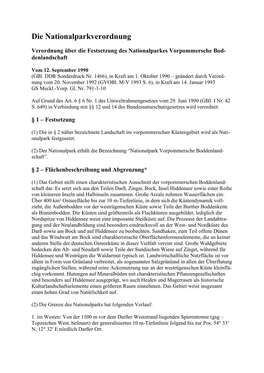 Verordnung Über Die Festsetzung Des Nationalparkes Vorpommersche Bod- Denlandschaft