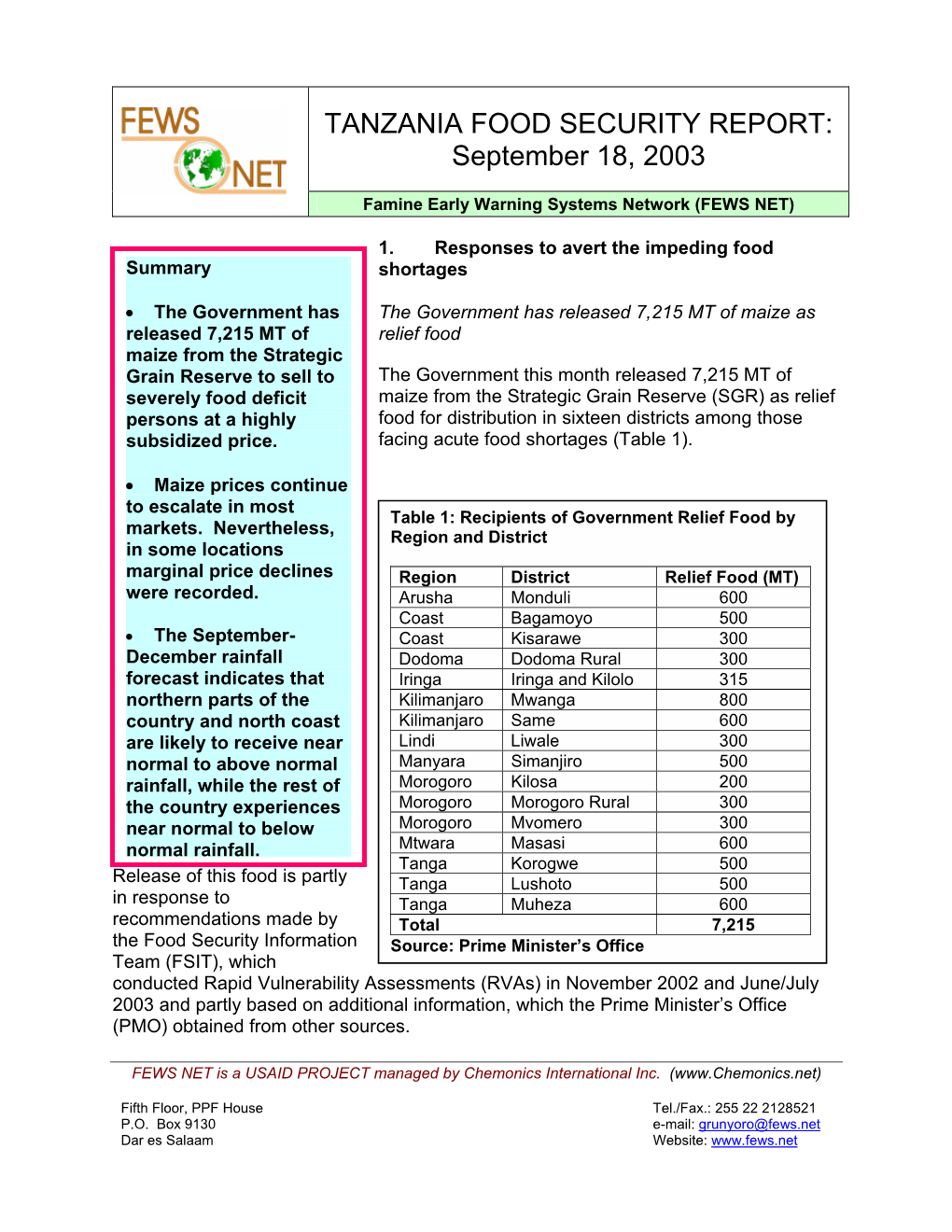 TANZANIA FOOD SECURITY REPORT: September 18, 2003