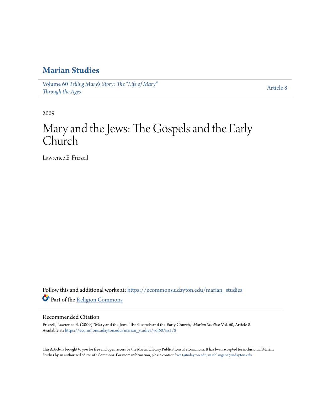 Mary and the Jews: the Gospels and the Early Church Lawrence E