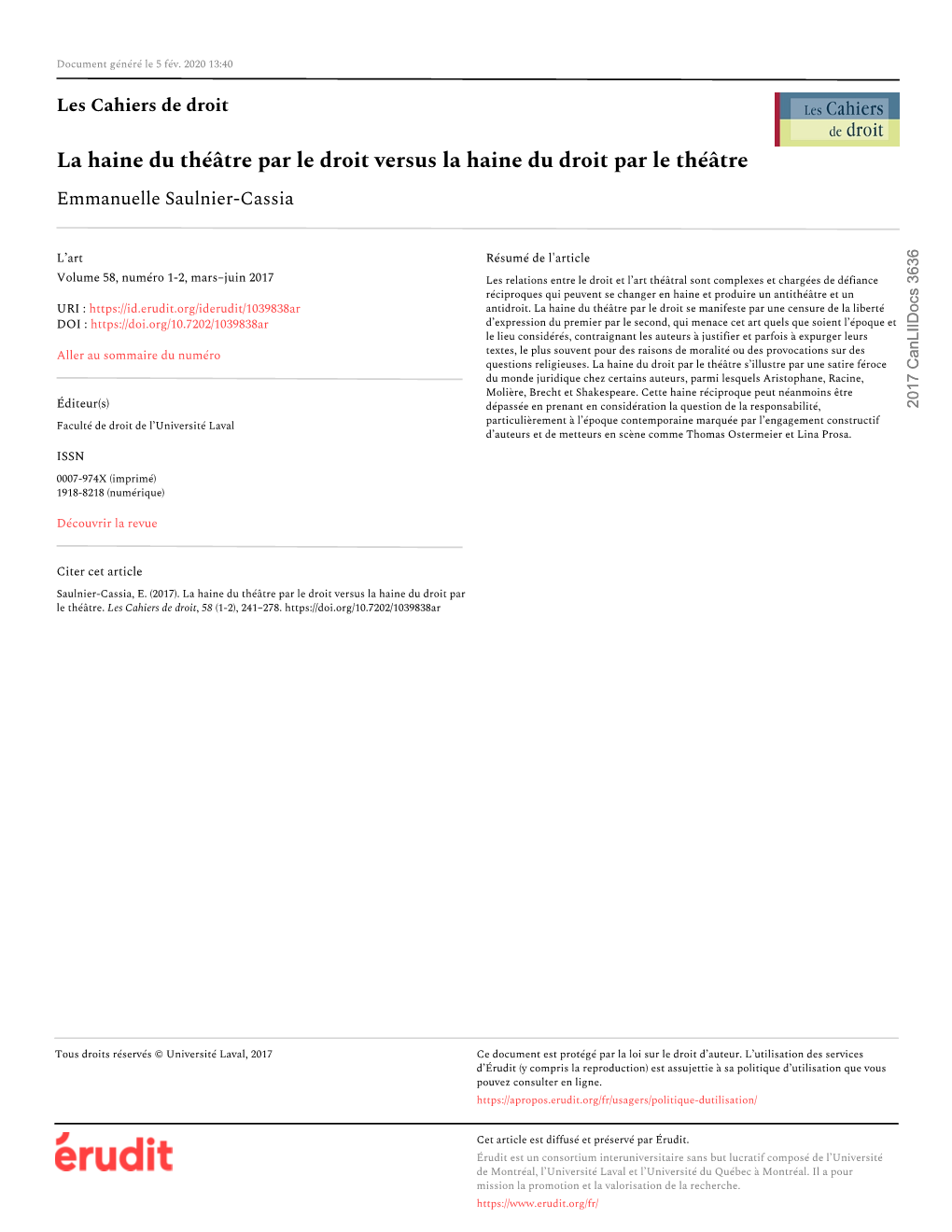 La Haine Du Théâtre Par Le Droit Versus La Haine Du Droit Par Le Théâtre Emmanuelle Saulnier-Cassia