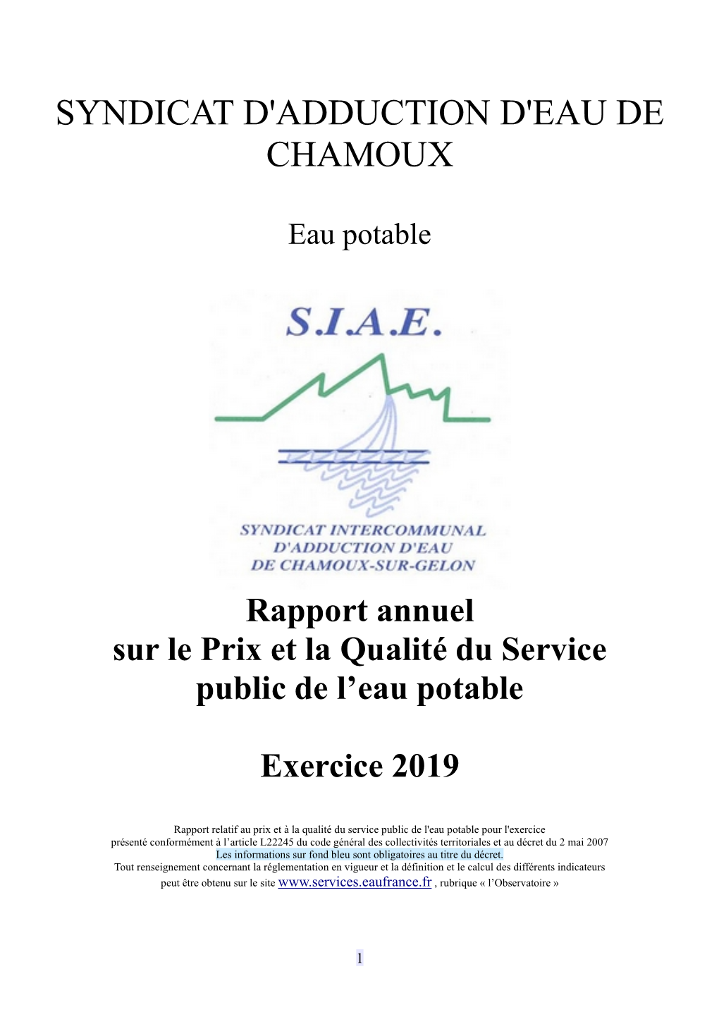 Rapport 2019 SIAE Annuel De L'eau Potable