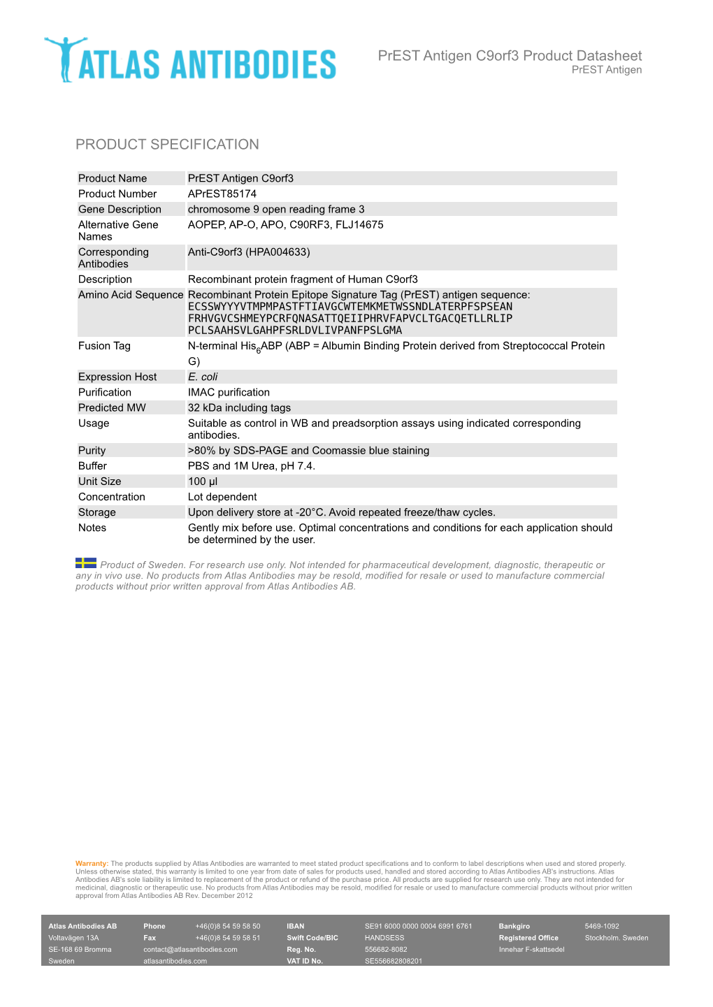 PRODUCT SPECIFICATION Prest Antigen C9orf3 Product Datasheet
