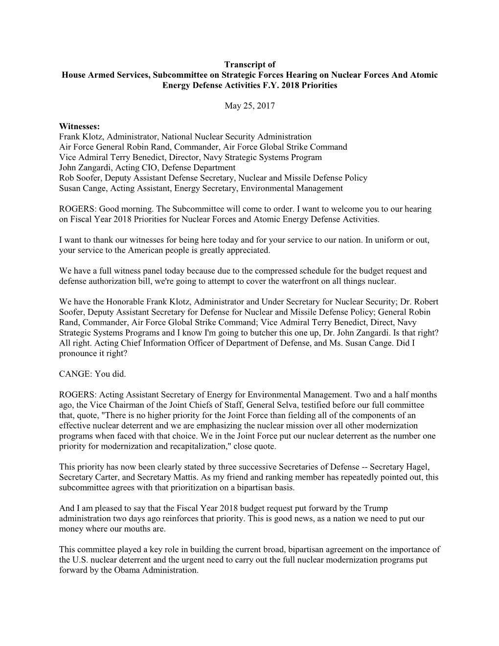 Transcript of House Armed Services, Subcommittee on Strategic Forces Hearing on Nuclear Forces and Atomic Energy Defense Activities F.Y
