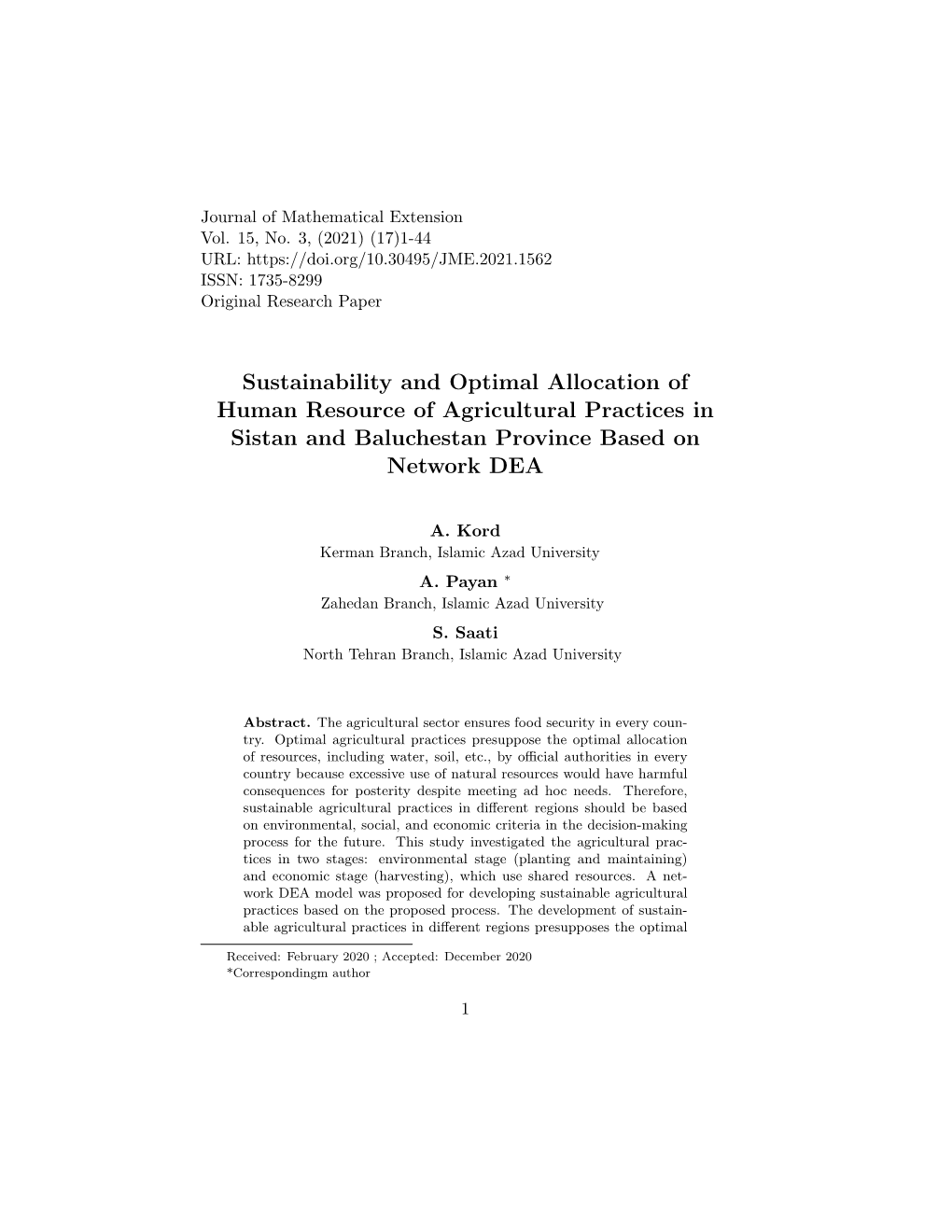 Sustainability and Optimal Allocation of Human Resource of Agricultural Practices in Sistan and Baluchestan Province Based on Network DEA