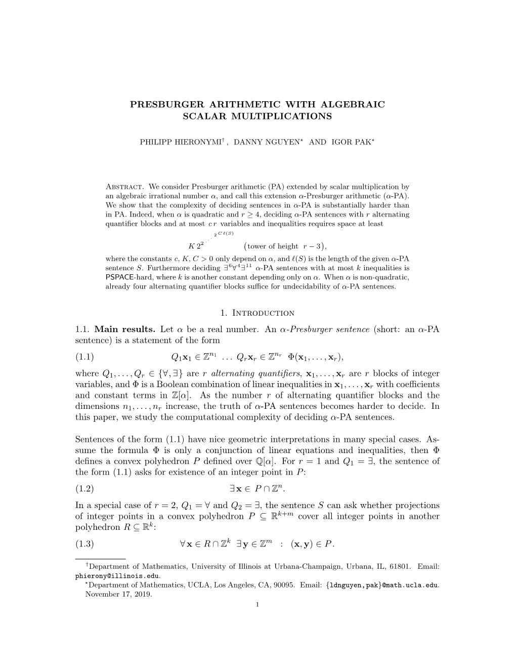 Presburger Arithmetic with Algebraic Scalar Multiplications