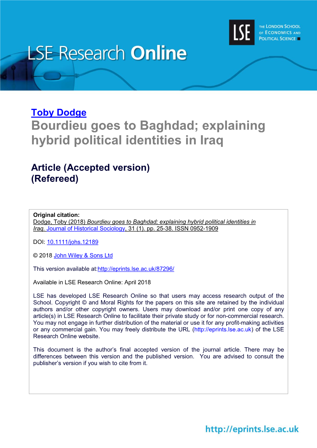 Bourdieu Goes to Baghdad; Explaining Hybrid Political Identities in Iraq