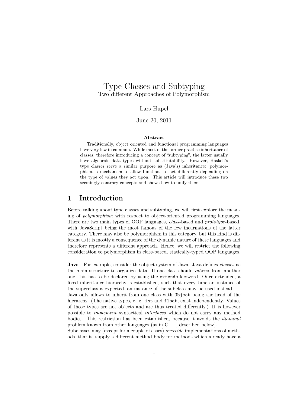 Type Classes and Subtyping Two Diﬀerent Approaches of Polymorphism