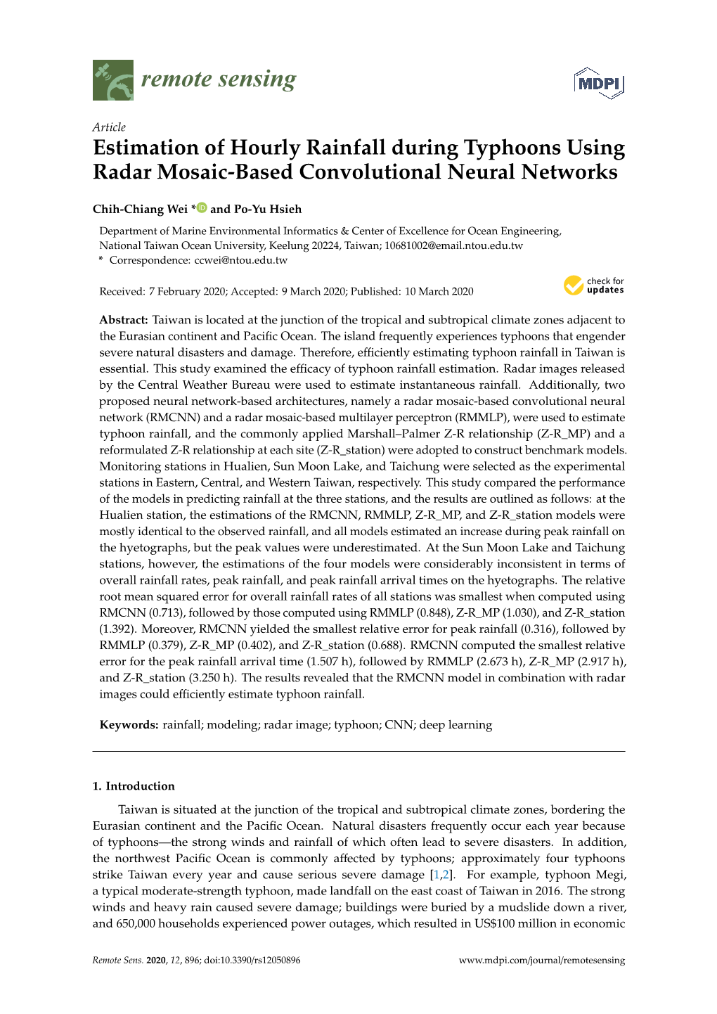 Estimation of Hourly Rainfall During Typhoons Using Radar Mosaic-Based Convolutional Neural Networks