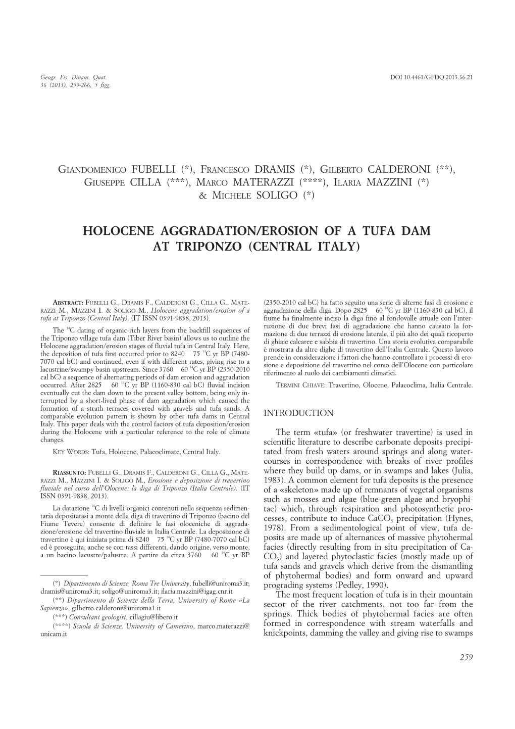 Holocene Aggradation/Erosion of a Tufa Dam at Triponzo (Central Italy)