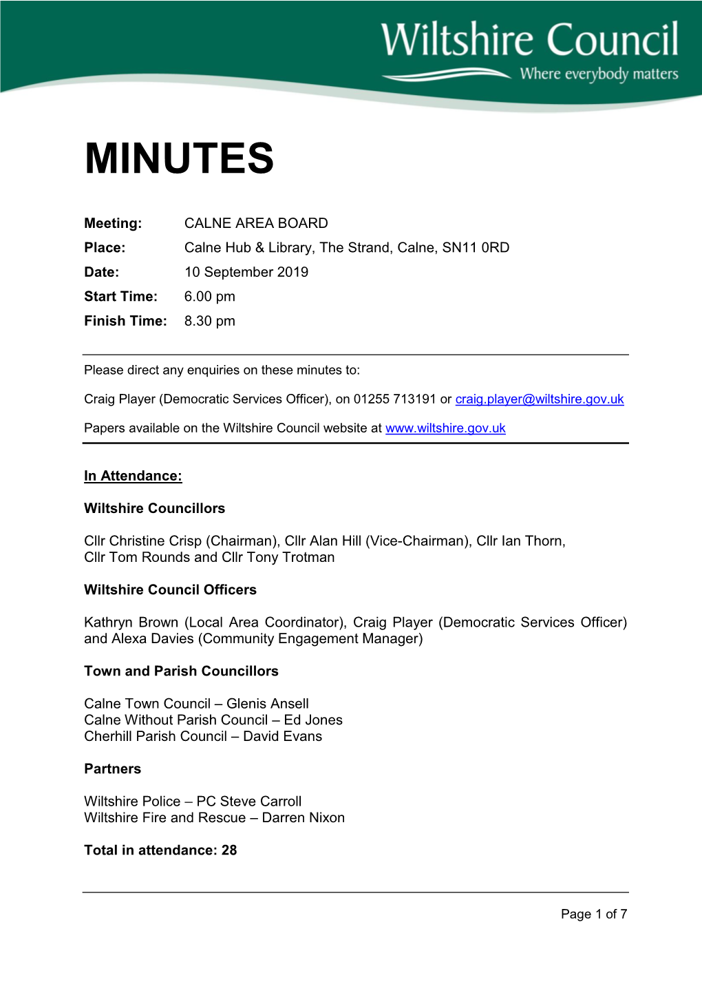 (Public Pack)Minutes Document for Calne Area Board, 10/09/2019 18:00