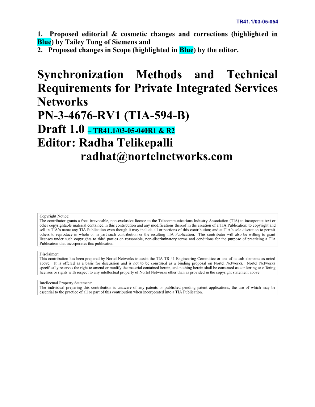 Synchronization Methods and Technical Requirements for Private Integrated Services Networks