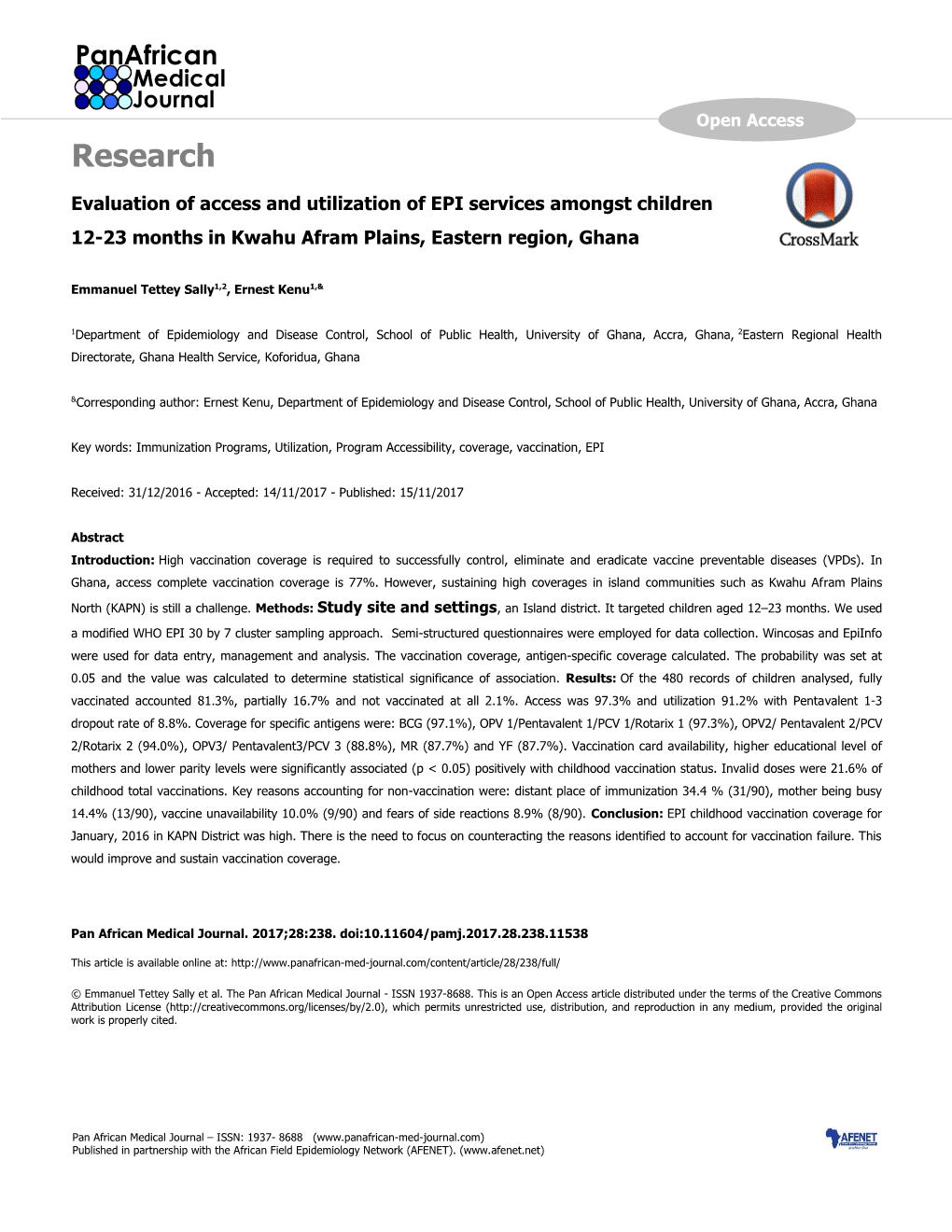 Research Evaluation of Access and Utilization of EPI Services Amongst Children 12-23 Months in Kwahu Afram Plains, Eastern Region, Ghana