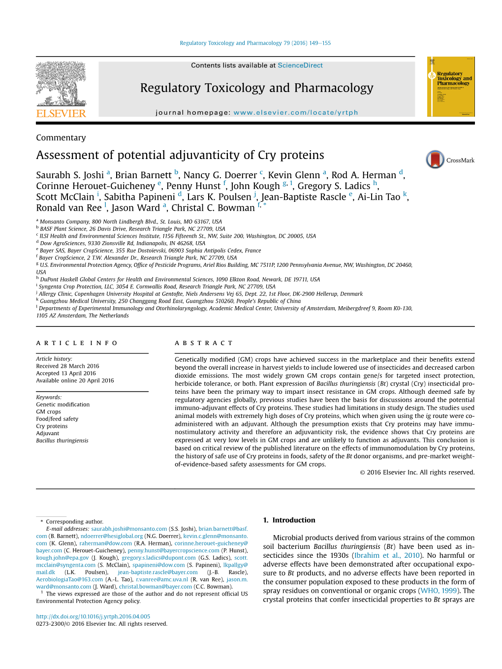 Assessment of Potential Adjuvanticity of Cry Proteins