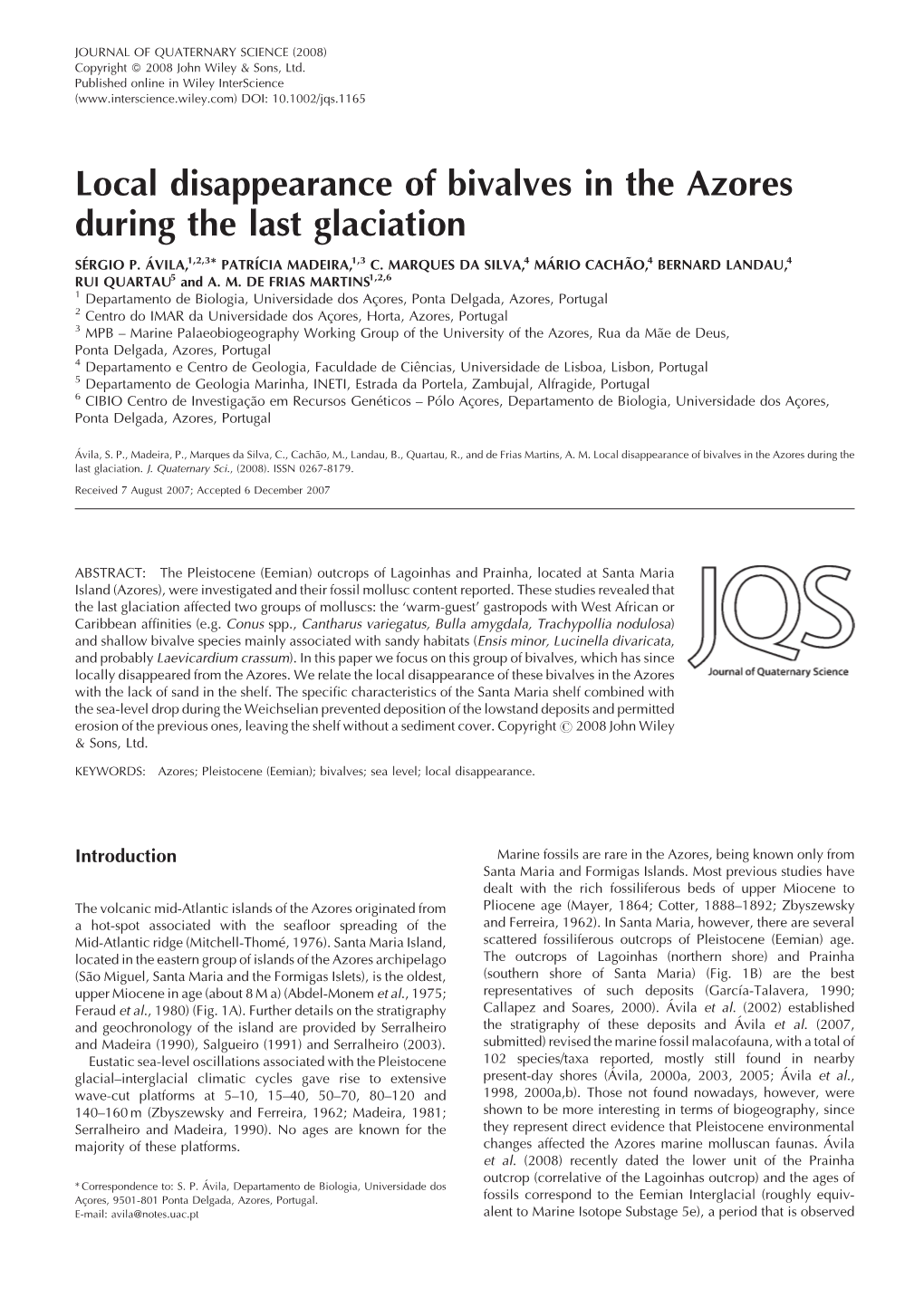 Local Disappearance of Bivalves in the Azores During the Last Glaciation