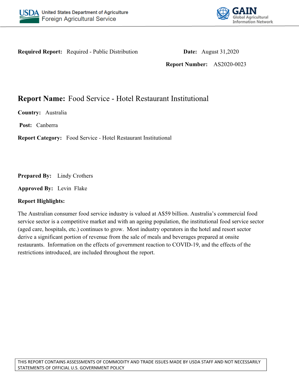 Report Name: Food Service - Hotel Restaurant Institutional