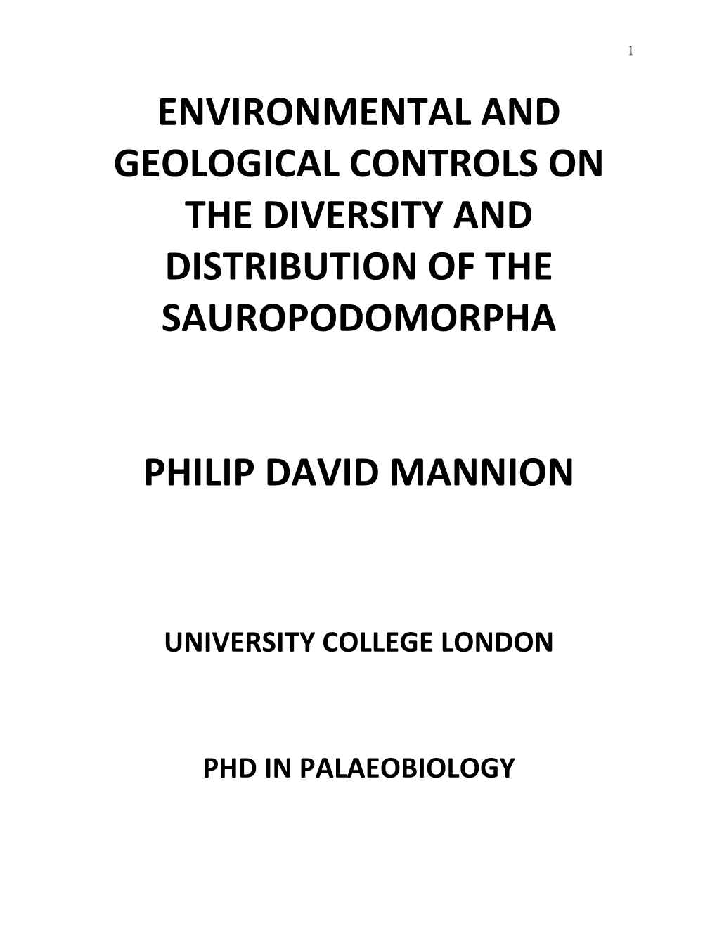 Environmental and Geological Controls on the Diversity and Distribution of the Sauropodomorpha