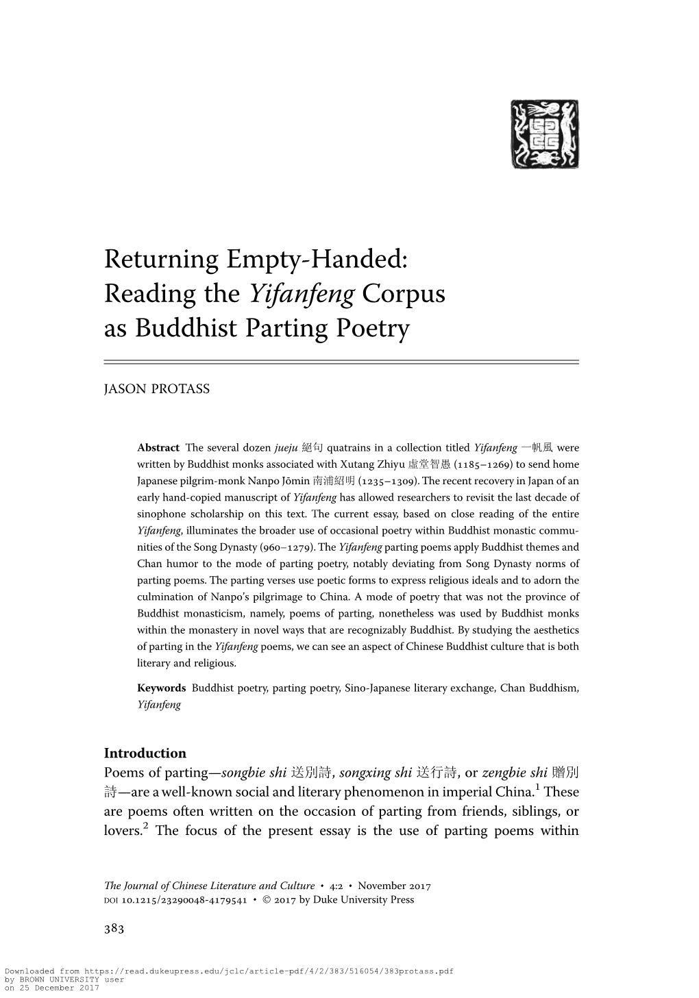 Returning Empty-Handed: Reading the Yifanfeng Corpus As Buddhist Parting Poetry