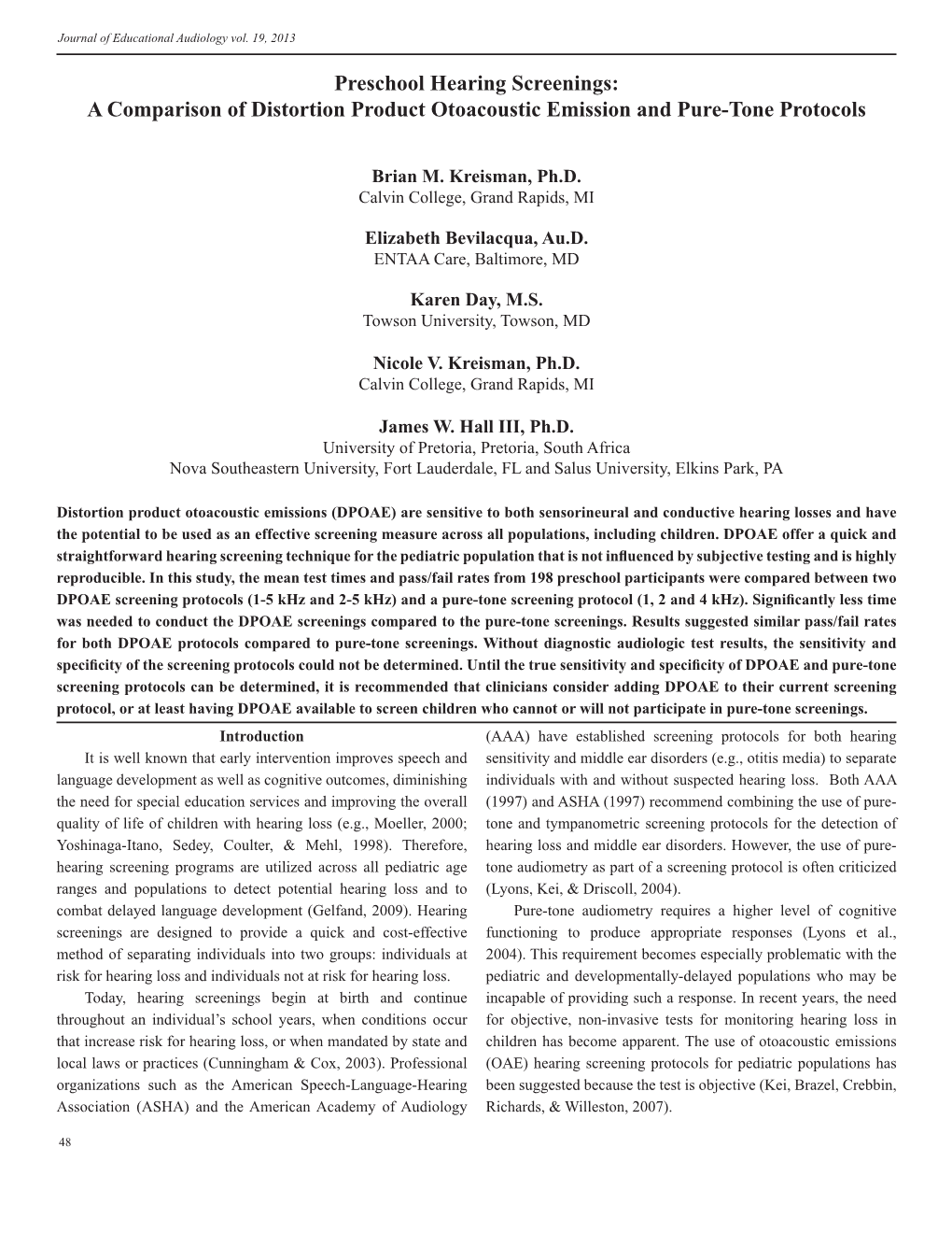 Preschool Hearing Screenings: a Comparison of Distortion Product Otoacoustic Emission and Pure-Tone Protocols