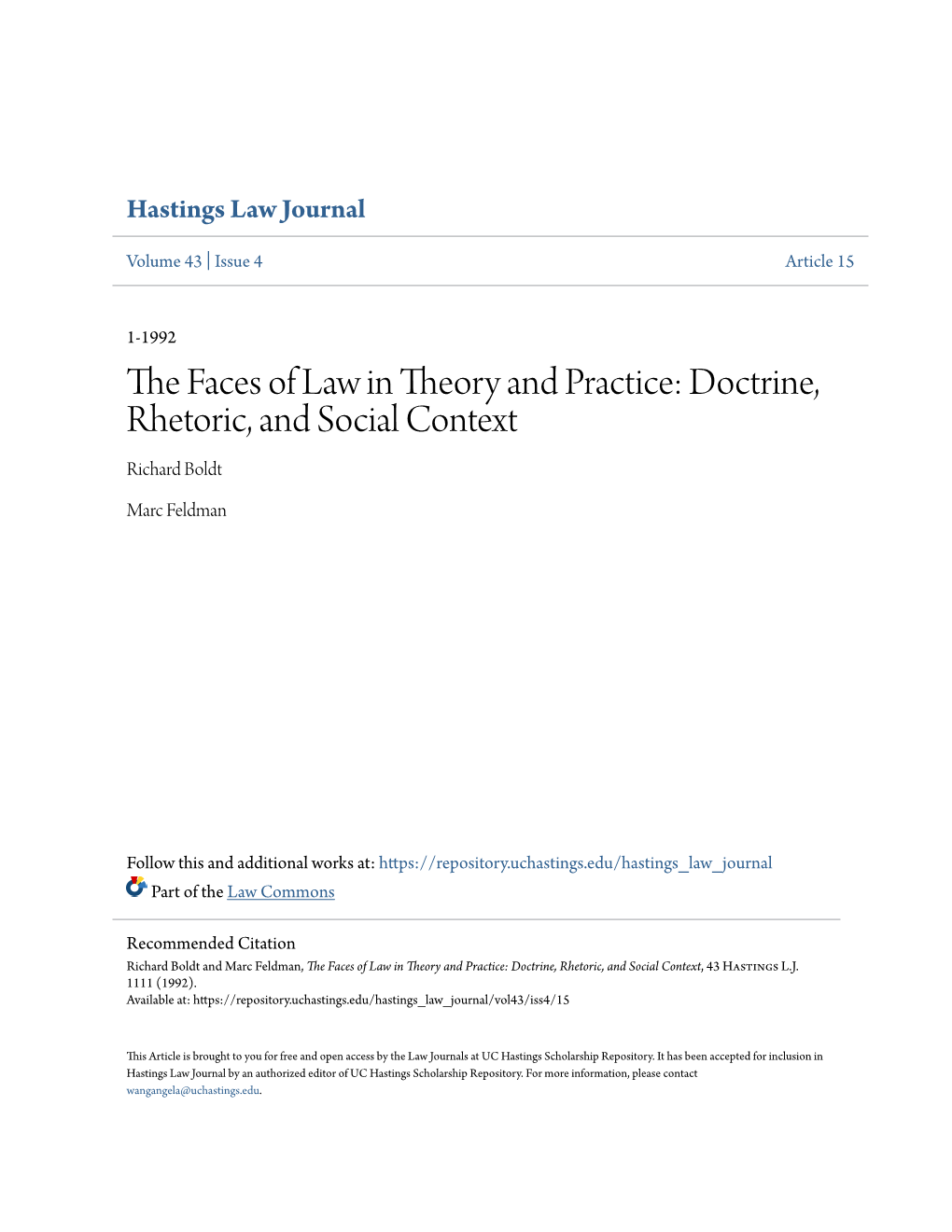 The Faces of Law in Theory and Practice: Doctrine, Rhetoric, and Social Context, 43 Hastings L.J