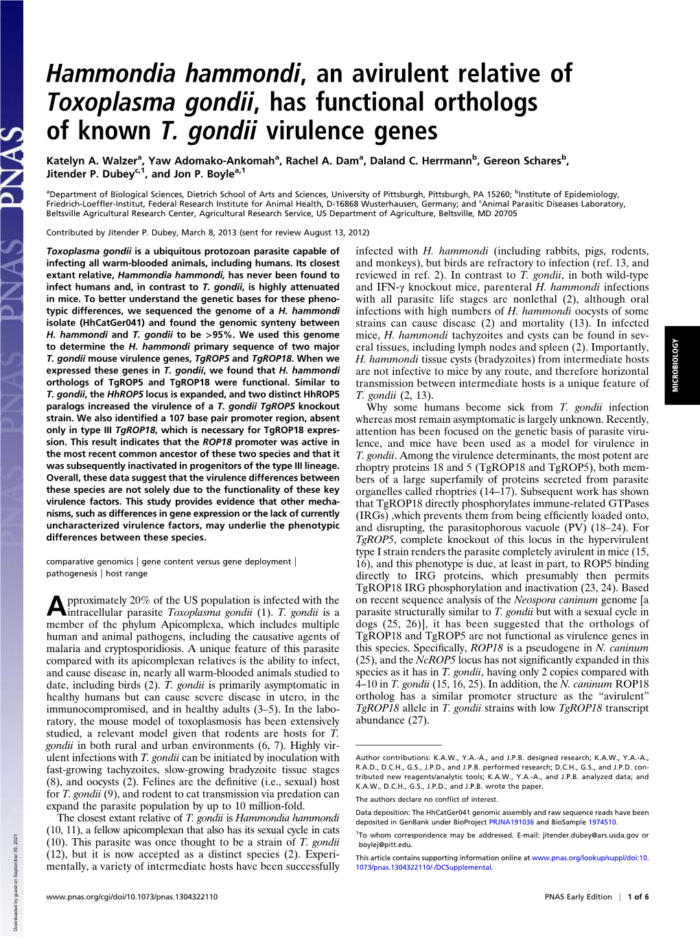 Hammondia Hammondi, an Avirulent Relative of Toxoplasma Gondii, Has Functional Orthologs of Known T. Gondii Virulence Genes