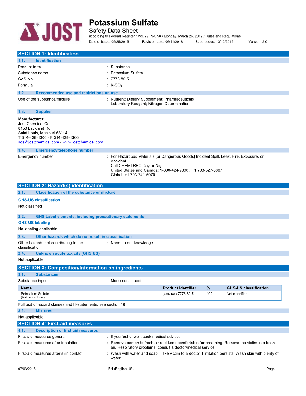 Potassium Sulfate Safety Data Sheet According to Federal Register / Vol