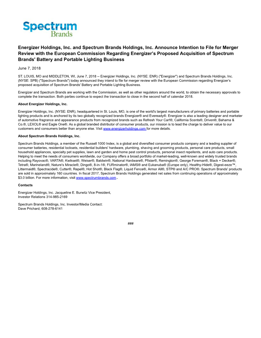 Energizer Holdings, Inc. and Spectrum Brands Holdings, Inc. Announce