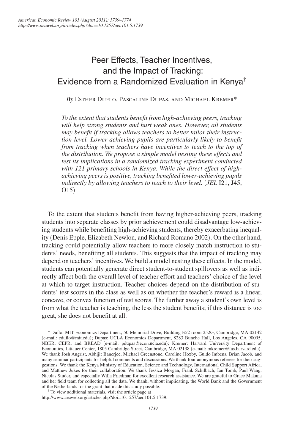 Peer Effects, Teacher Incentives, and the Impact of Tracking: Evidence from a Randomized Evaluation in Kenya†