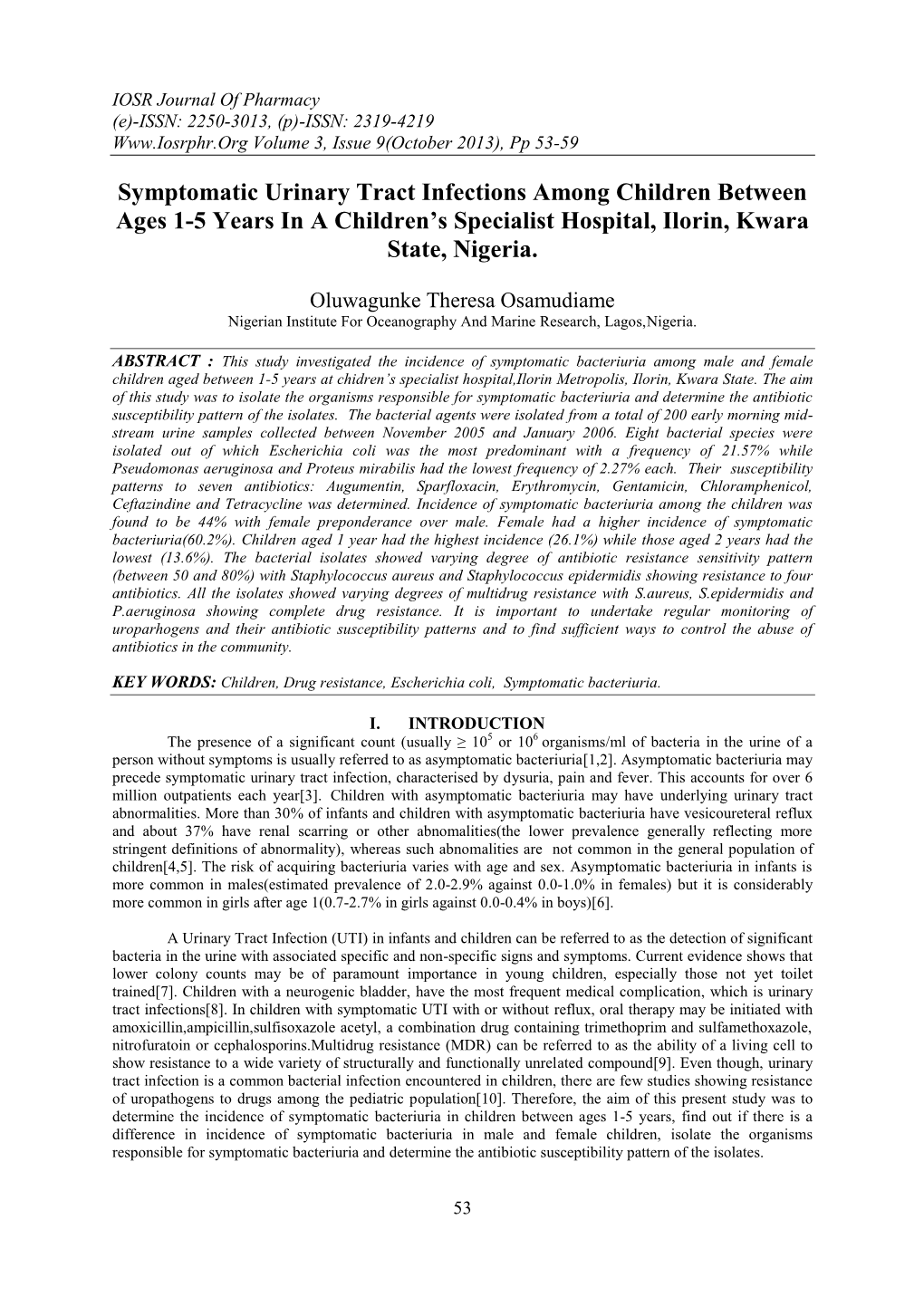 Bacteriuria Among Children Between Ages 1-5 Years in A