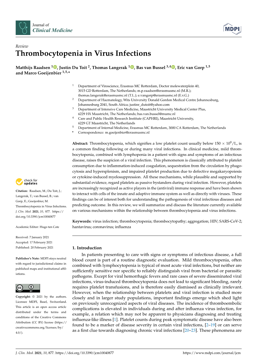 Thrombocytopenia in Virus Infections