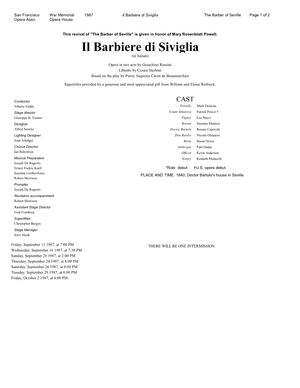 Il Barbiere Di Siviglia the Barber of Seville Page 1 of 2 Opera Assn