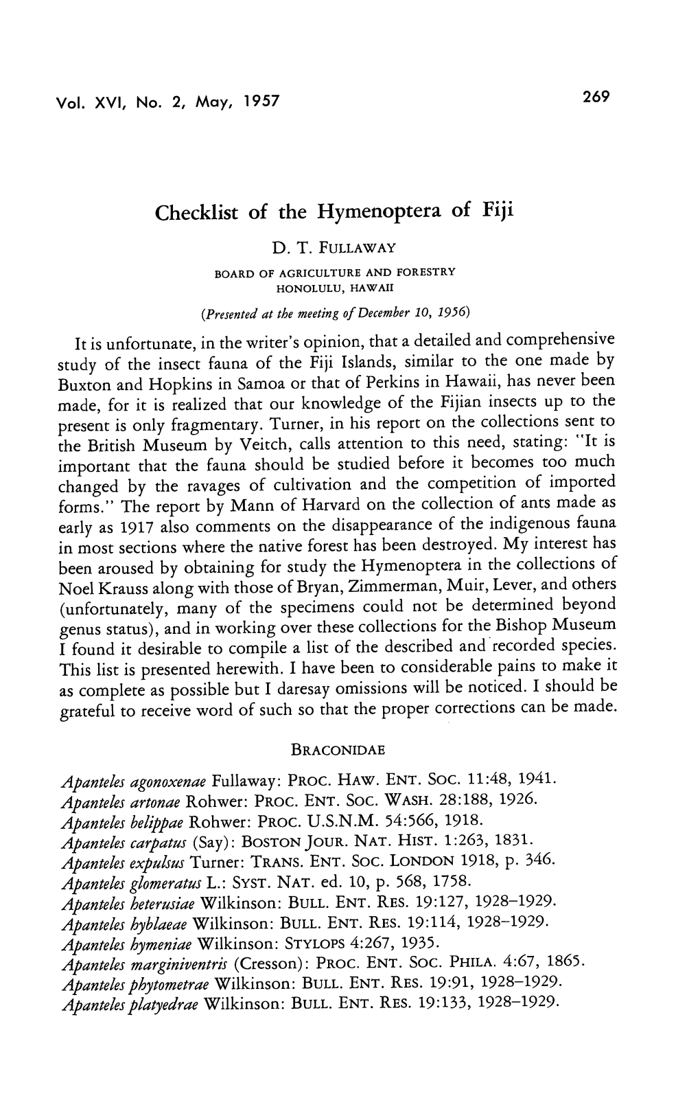 Vol. XVI, No. 2, May, 1957 269 Checklist of the Hymenoptera of Fiji