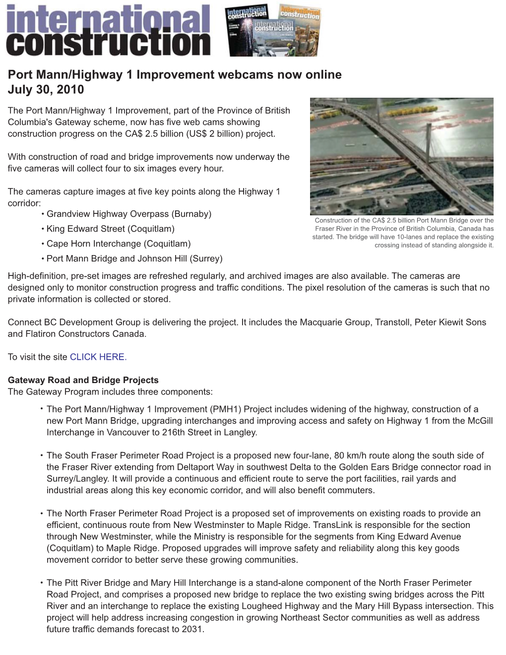 Port Mann/Highway 1 Improvement Webcams Now Online July 30, 2010