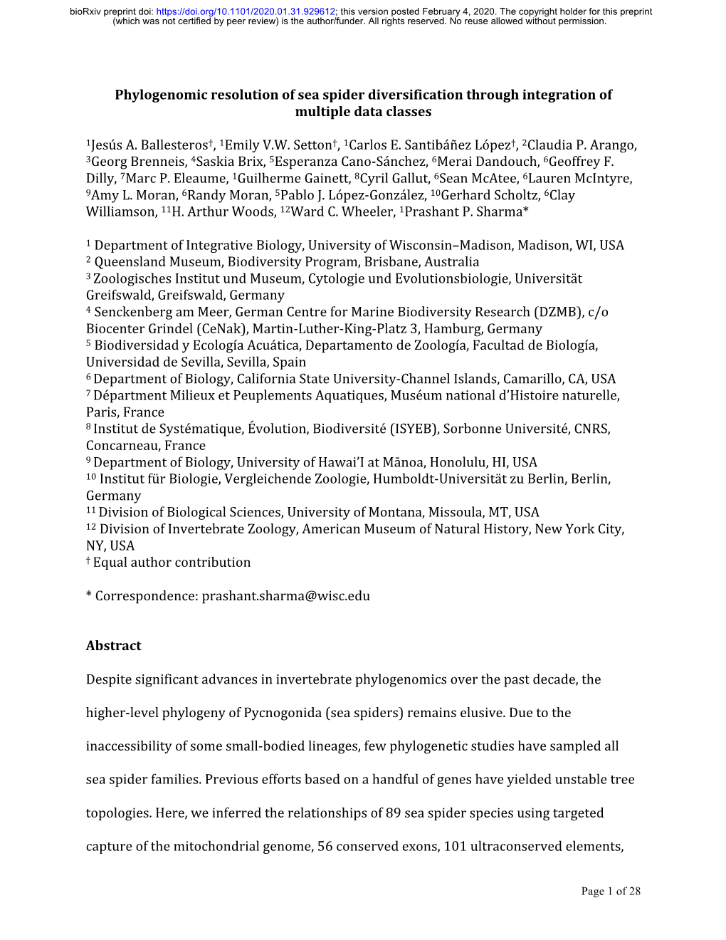 Phylogenomic Resolution of Sea Spider Diversification Through Integration of Multiple Data Classes