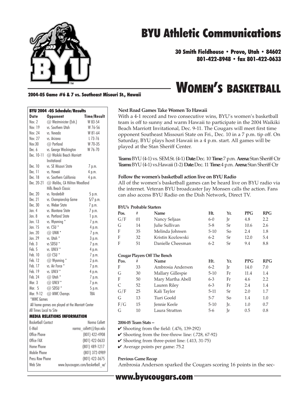 WOMEN's BASKETBALL BYU Athletic