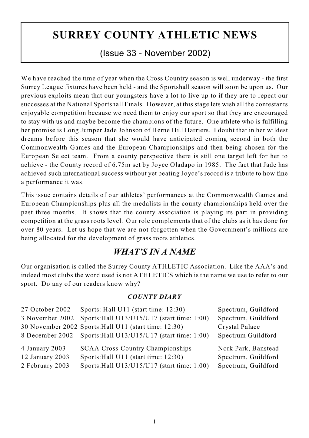 SURREY COUNTY ATHLETIC NEWS (Issue 33 - November 2002)