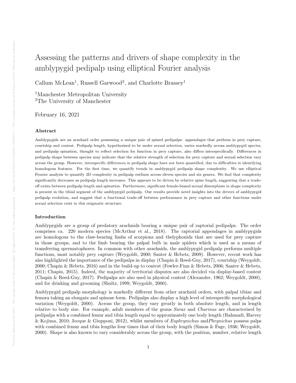 Assessing the Patterns and Drivers of Shape Complexity in the Amblypygid