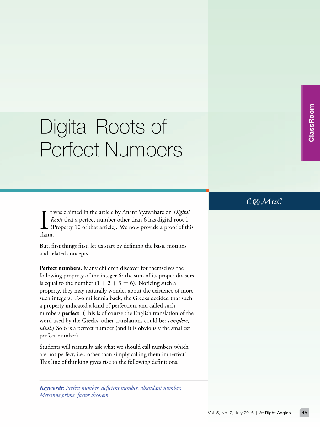 Digital Roots of Perfect Numbers