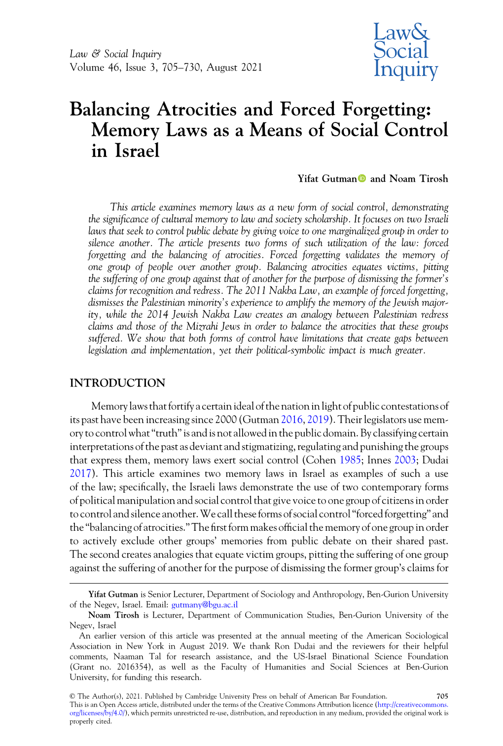 Balancing Atrocities and Forced Forgetting: Memory Laws As a Means of Social Control in Israel