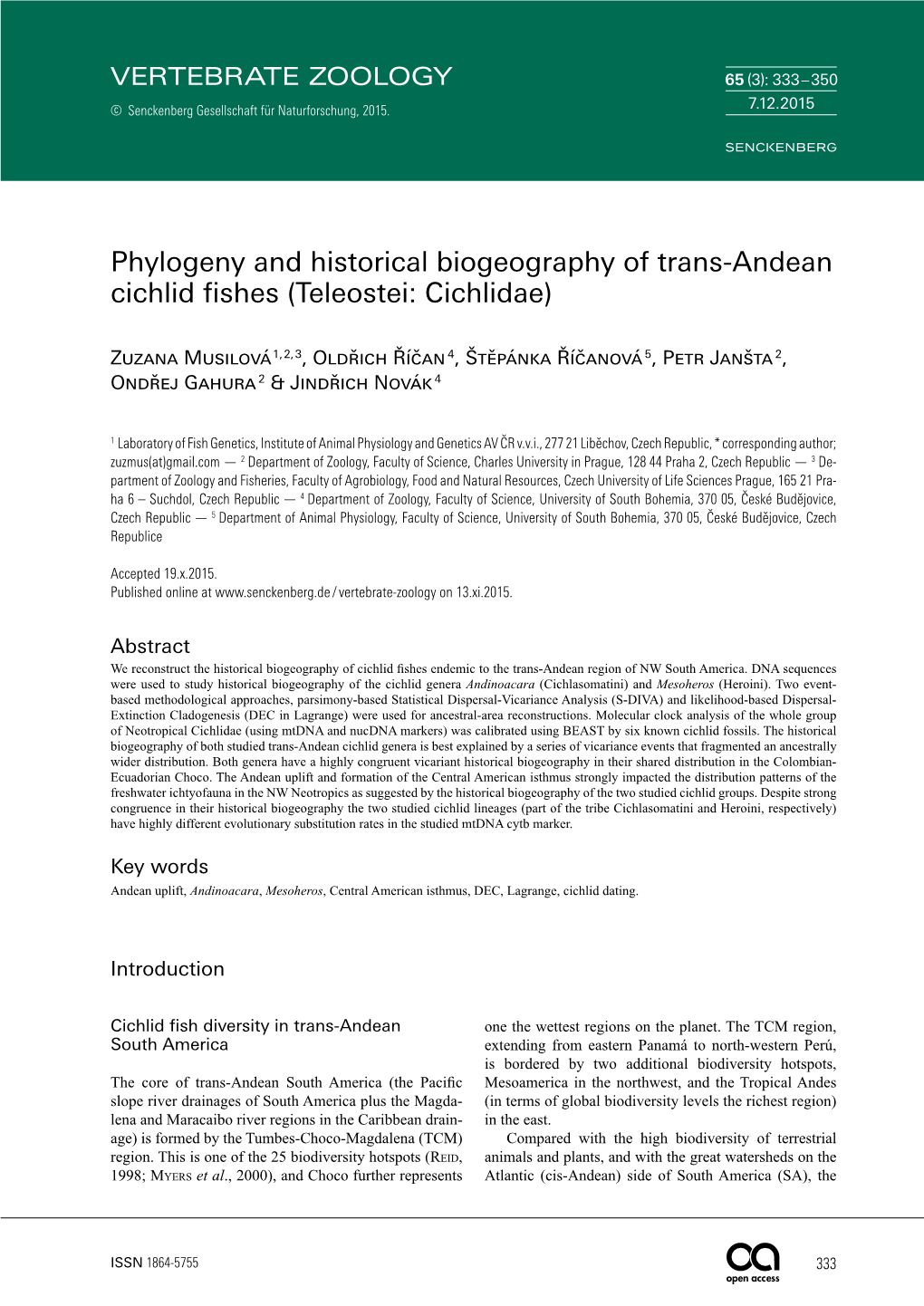 Phylogeny and Historical Biogeography of Trans-Andean Cichlid Fishes (Teleostei: Cichlidae)