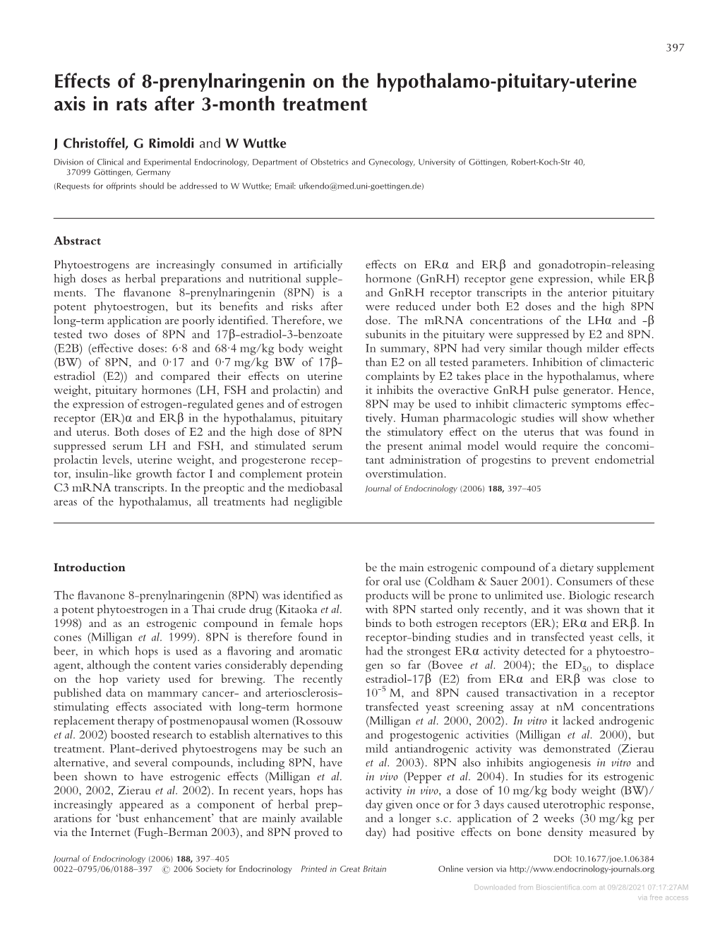 Downloaded from Bioscientifica.Com at 09/28/2021 07:17:27AM Via Free Access 398 J CHRISTOFFEL and Others · 8PN and the Reproductive Axis