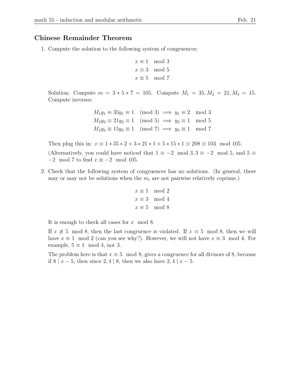 Induction and Modular Arithmetic Feb. 21